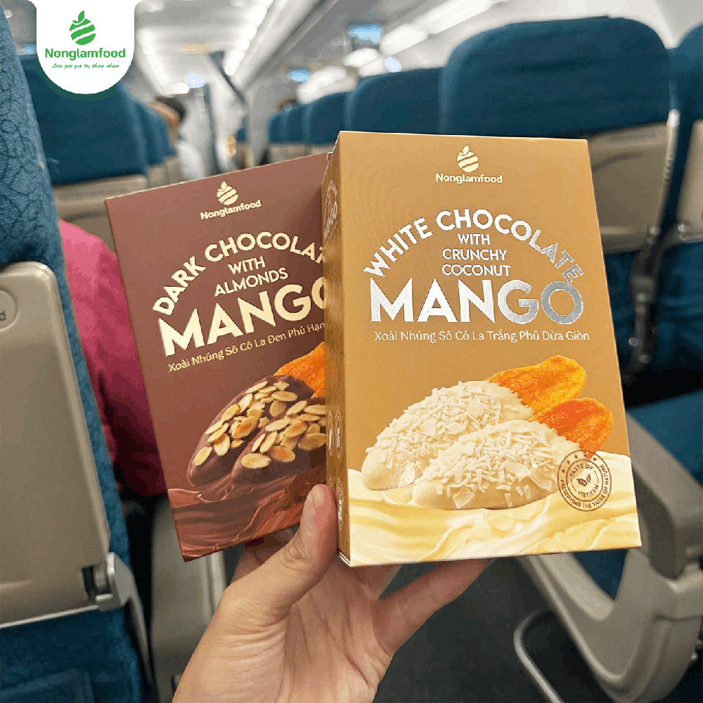 Các hộp xoài sấy dẻo nhúng sô cô la Nonglamfood
