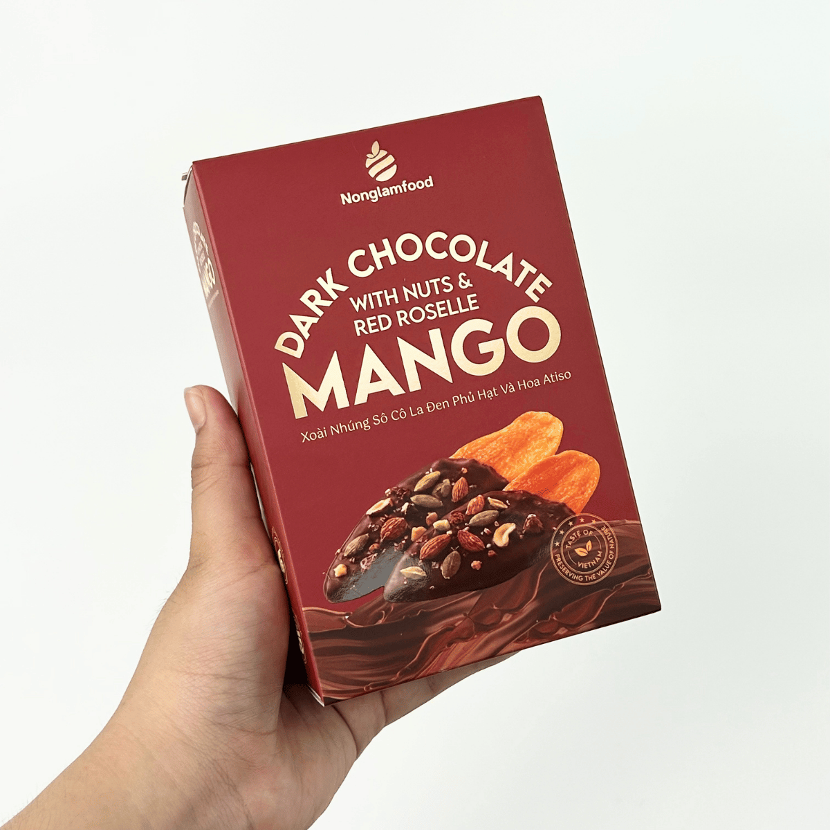 Hộp Xoài Nhúng Sô Cô La Đen Phủ Hạt & Hoa Atisô Đỏ Nonglamfood